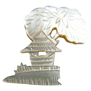 Vintage Asian Brooch C Clasp Pin 1950's Hand Carved Mother of Pearl Tree House